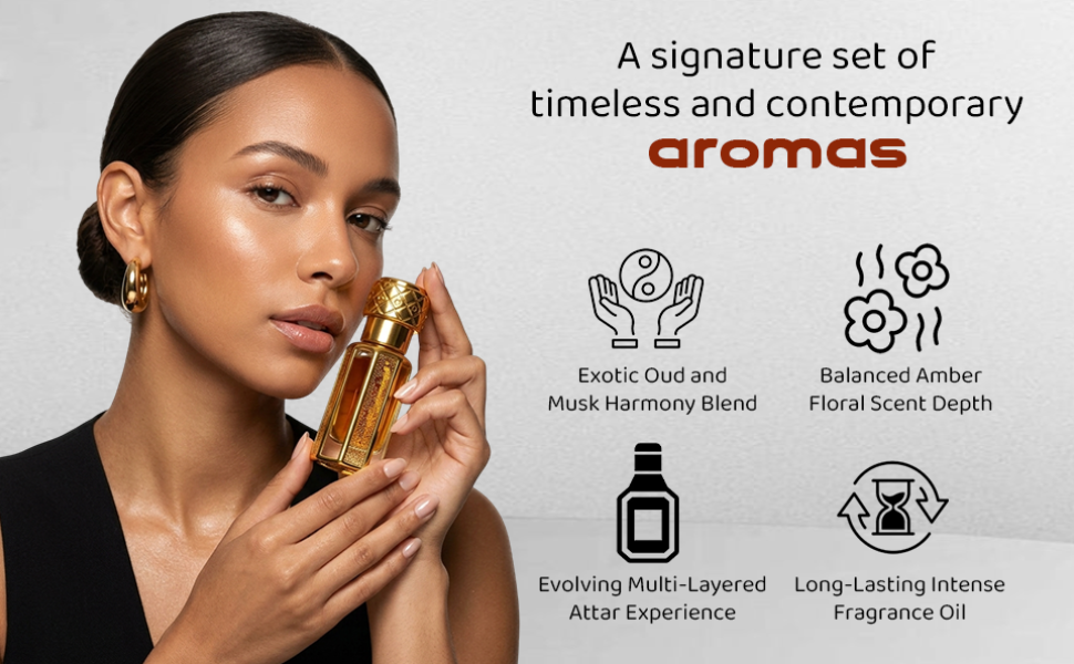 Woman holding a perfume bottle with product features listed on a light gray background by Just Habibi
