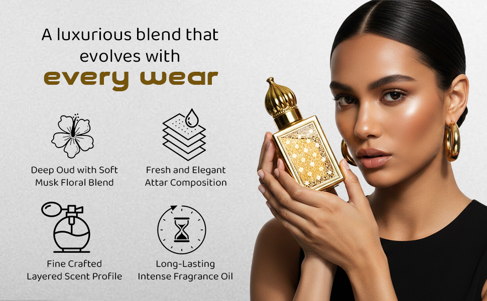 Woman holding a gold perfume bottle with product features listed on a gray background