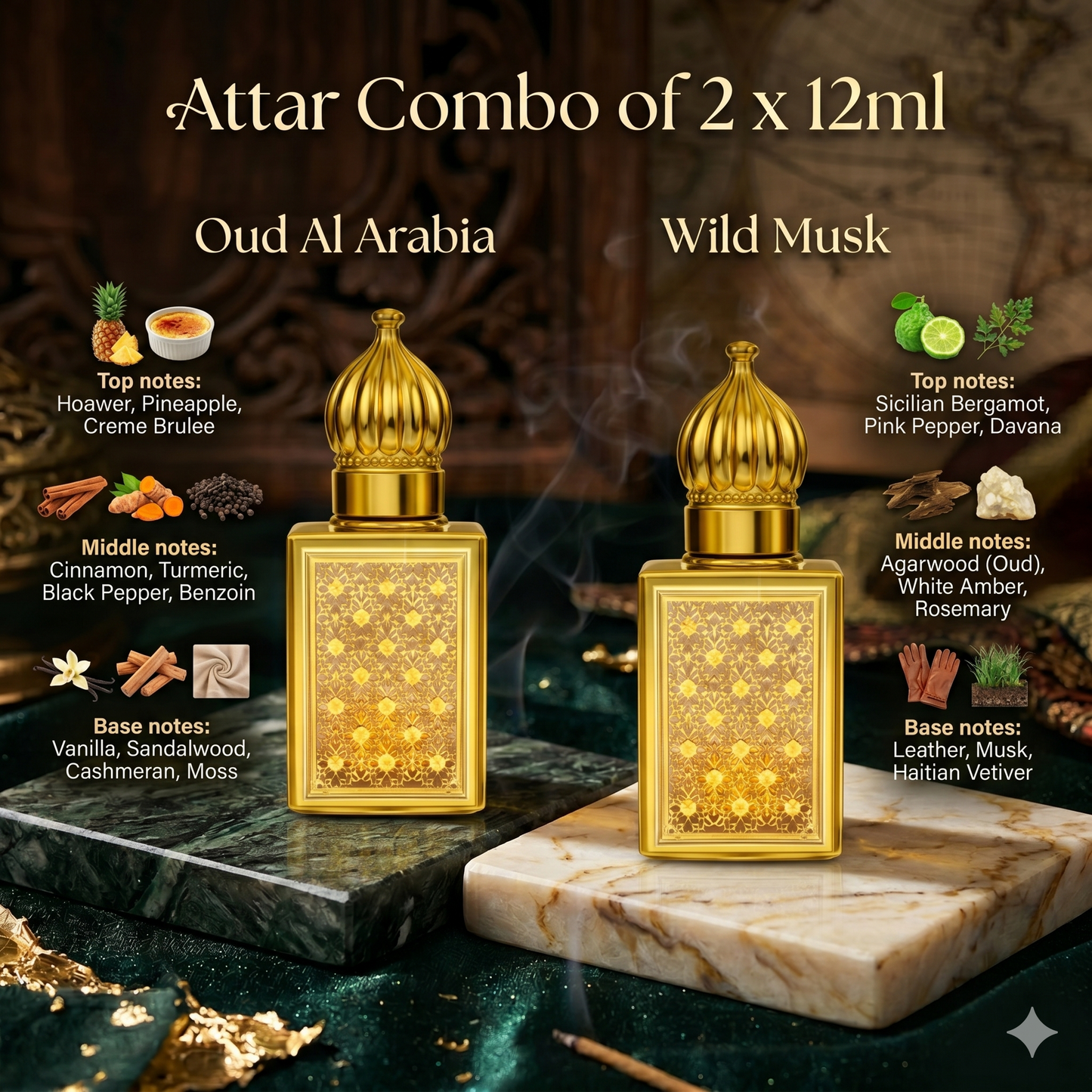 Combo Of 2 - Musk, Oud, Floral Arabic Blend Roll On Attar | For Unisex |
