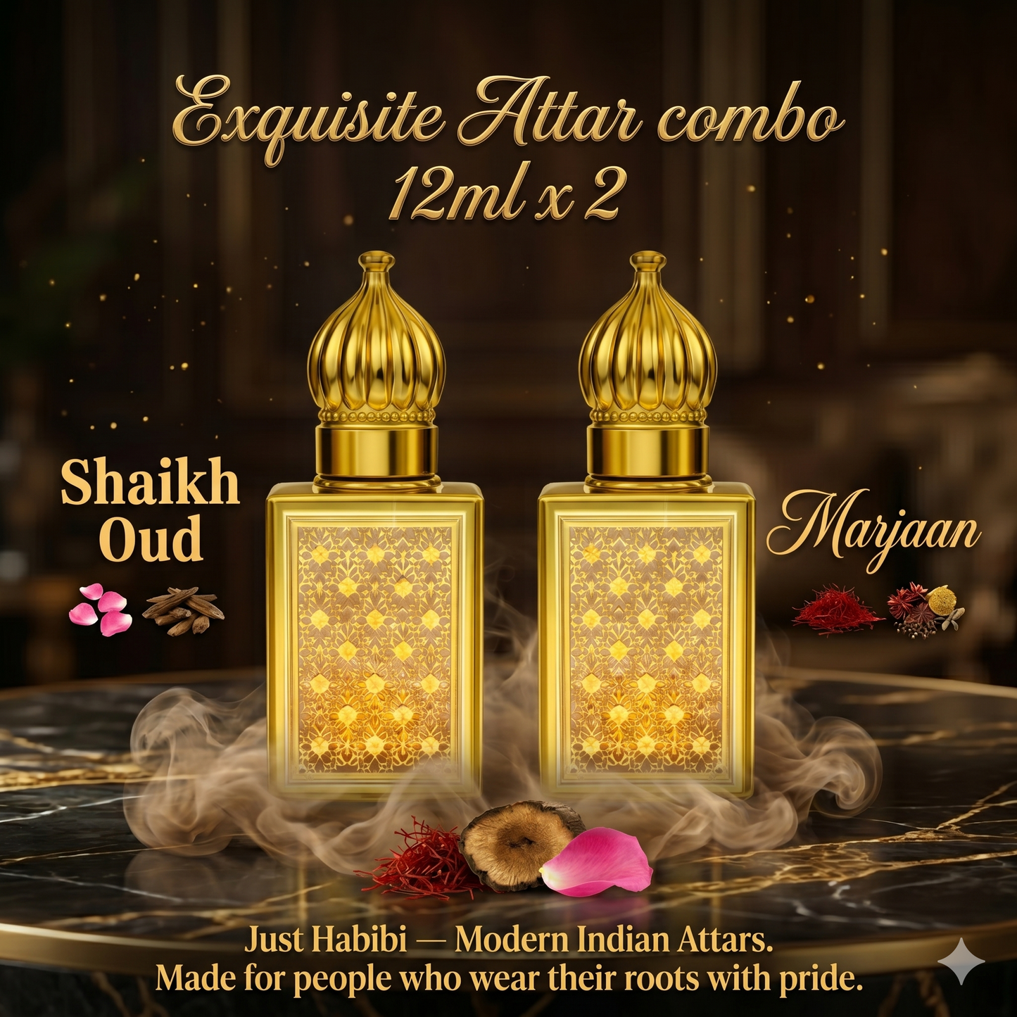 Two gold bottles of Shaikh Oud and Marjaan with decorative elements on a dark background.