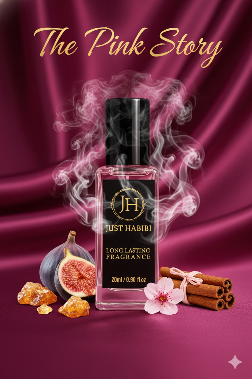 Pink Story-Perfume bottle with 'Just Habibi' branding on a pink background with figs, cinnamon sticks, and flowers.