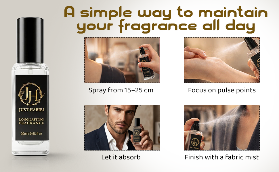 Advertisement for Just Habibie perfume with product and usage instructions.