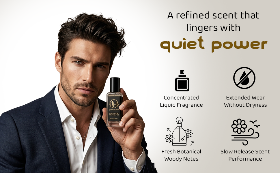 Man holding a bottle of Just Habibi Perfume  with product features listed on a white background 