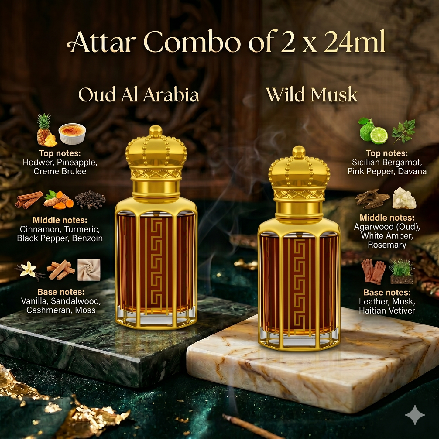 Combo Of 2 - Musk, Oud, Floral Arabic Blend Roll On Attar | For Unisex |