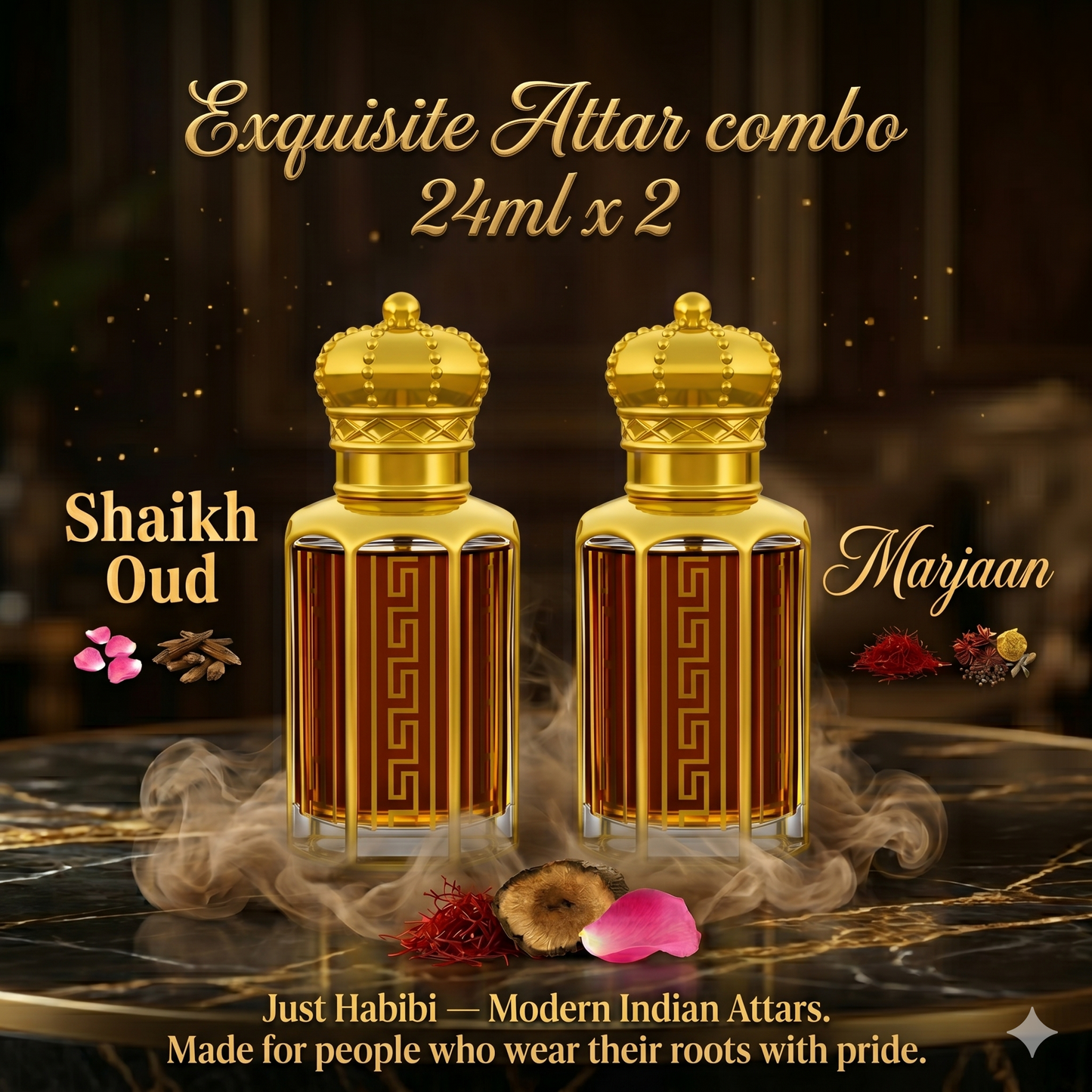 Two gold bottles of Shaikh Oud and Marjaan with text about an Exquisite Attar combo on a dark background.