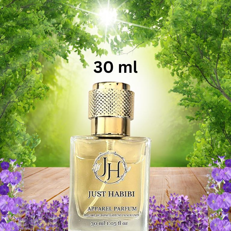 Just Habibi perfume bottle with '30 ml' label against a green nature background