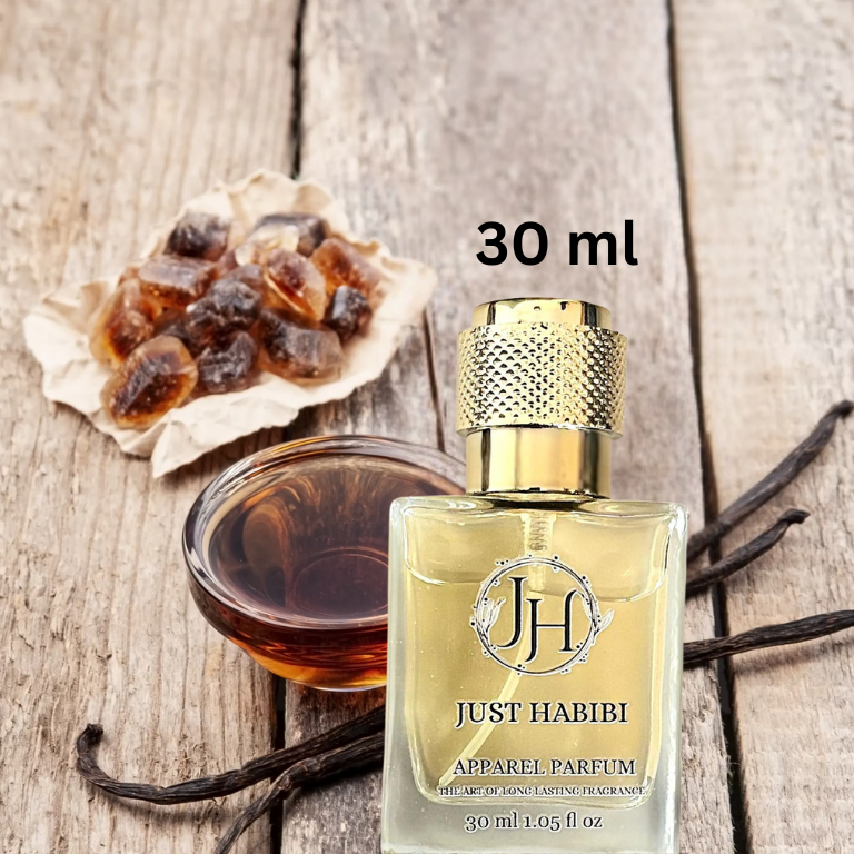 Just Habibi™ 30 ml perfume bottle with vanilla beans and honey on a wooden background