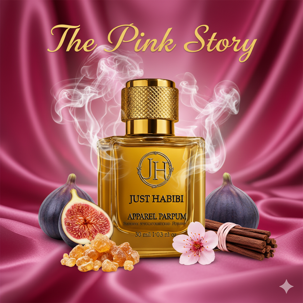 Pink Story - Just Habibi perfume bottle with figs, flowers, and cinnamon on a pink satin background