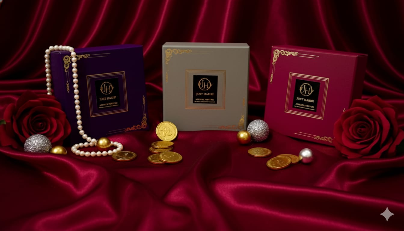 Three luxury boxes with jewelry on a red satin background