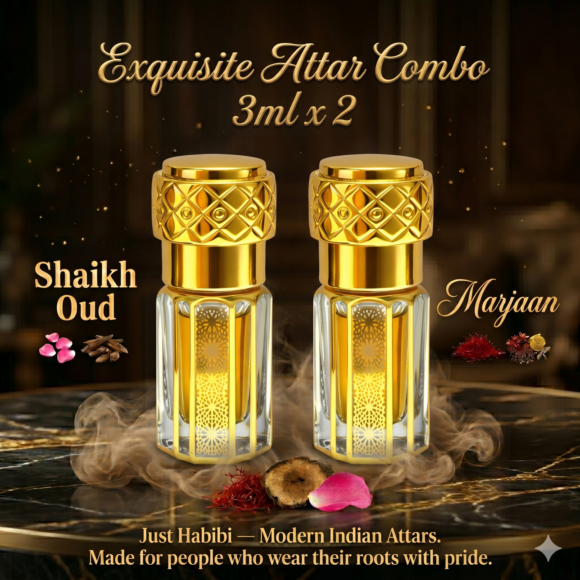 Two gold and clear attar bottles labeled 'Shaikh Oud' and 'Marjaan' on a dark background with smoke and flowers.