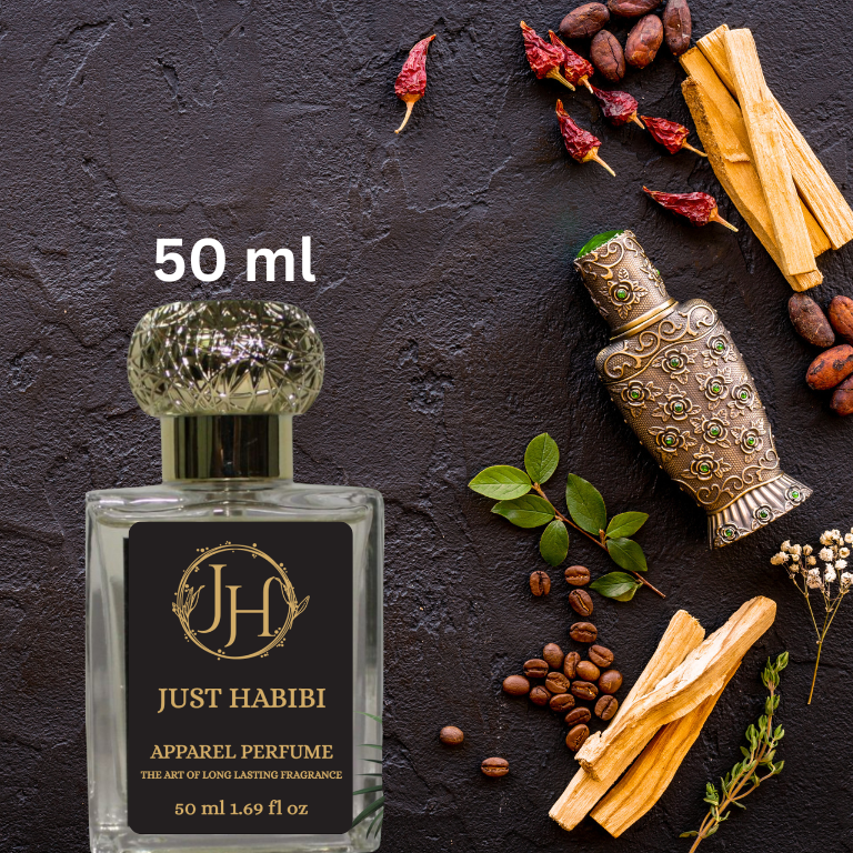 Just Habibi™ close up of 50 ml perfume bottle with decorative elements on a dark background