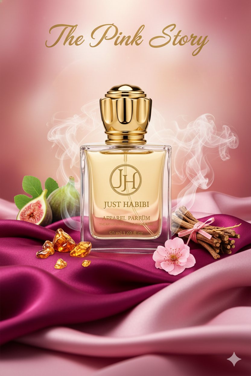 Pink Story-Perfume bottle with gold cap and 'Just Habibi' branding on a pink fabric background with flowers and figs.