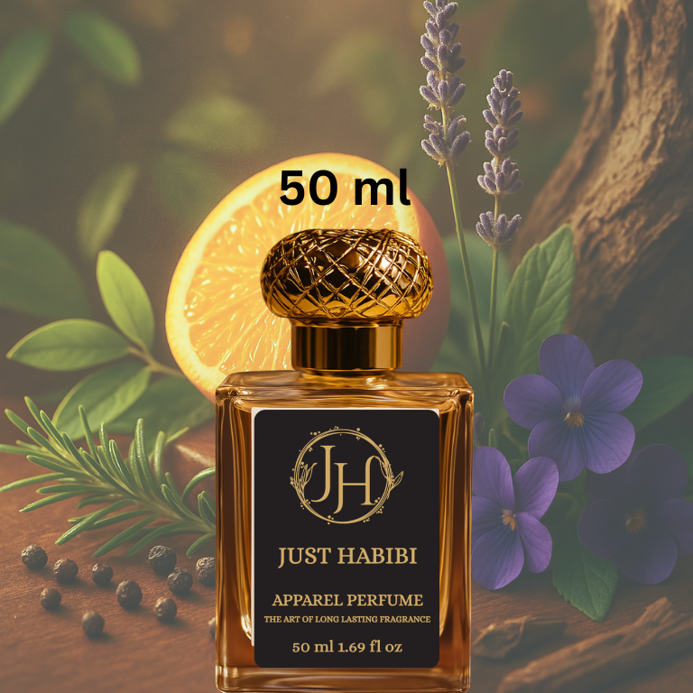 Pulse Point perfume -Just Habibi perfume bottle with lavender, orange, and other herbs on a wooden surface