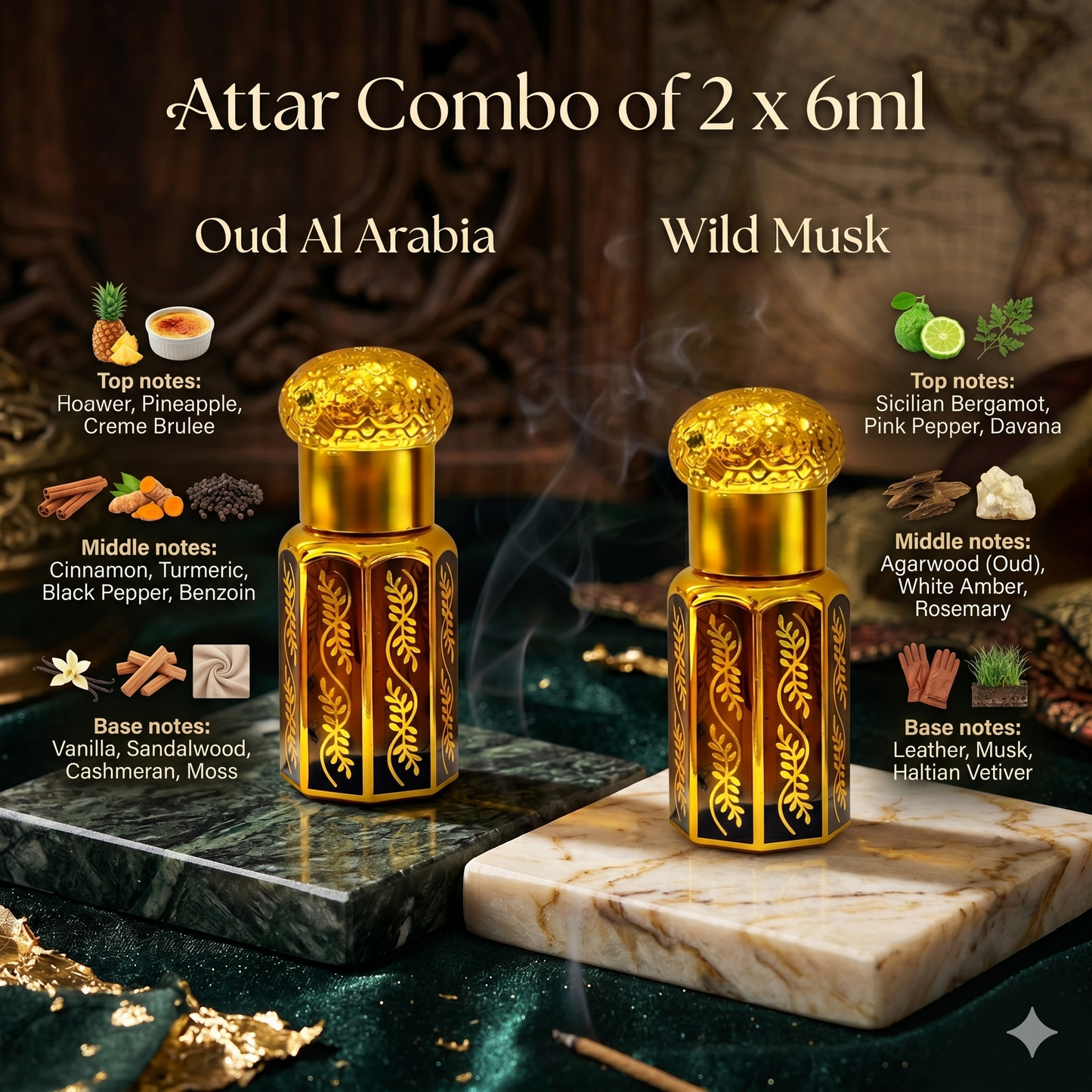 Combo Of 2 - Musk, Oud, Floral Arabic Blend Roll On Attar | For Unisex |