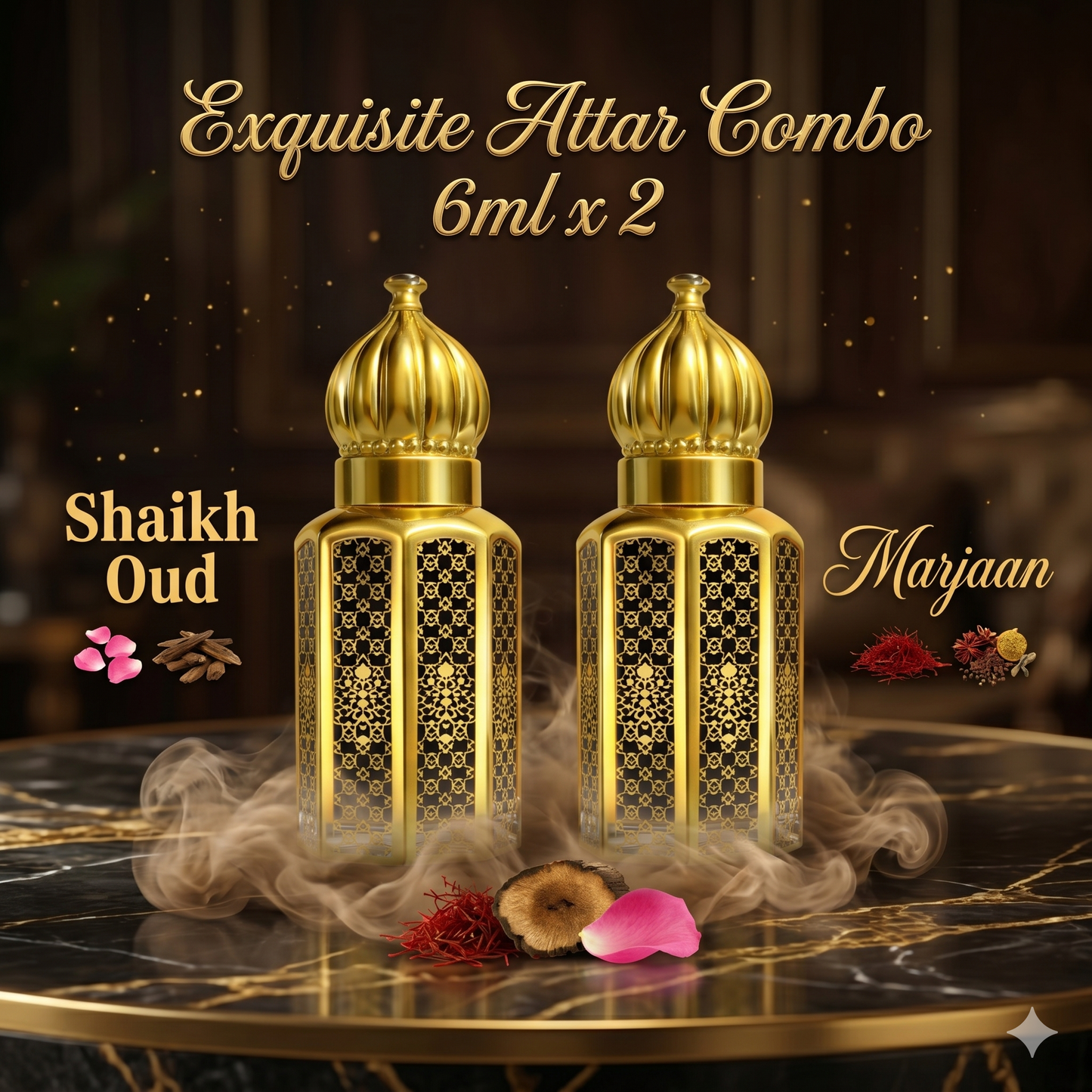 Two gold Attar bottles labeled 'Shaikh Oud' and 'Marjaan' on a dark surface with decorative elements.