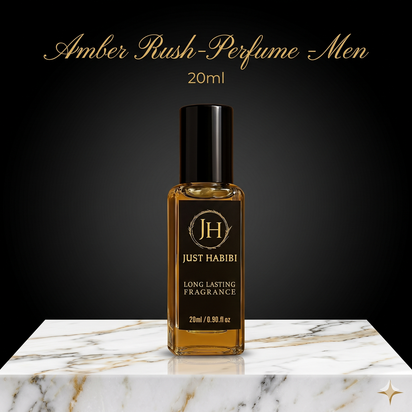 Perfume bottle labeled 'Just Habibi' on a marble surface with a dark background