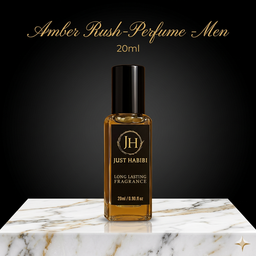 Perfume bottle labeled 'Just Habibi' on a marble surface with a dark background