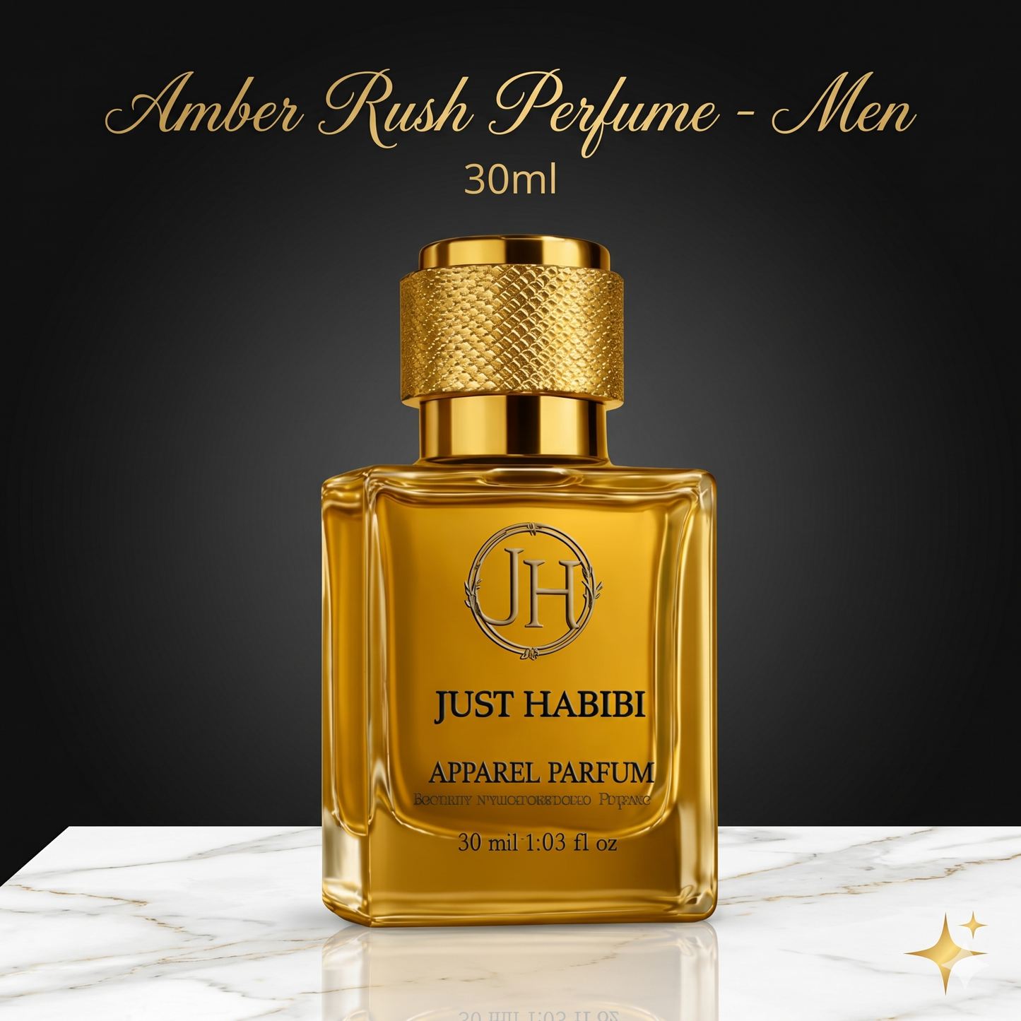 Gold perfume bottle with 'Just Habibi' branding on a dark background