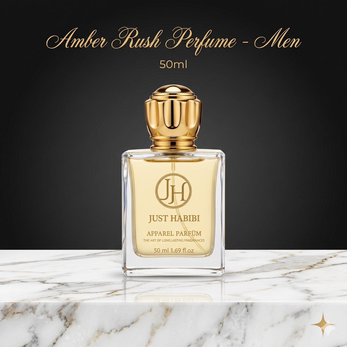 Just Habibi Amber Rush Perfume for men on a marble surface with a dark background