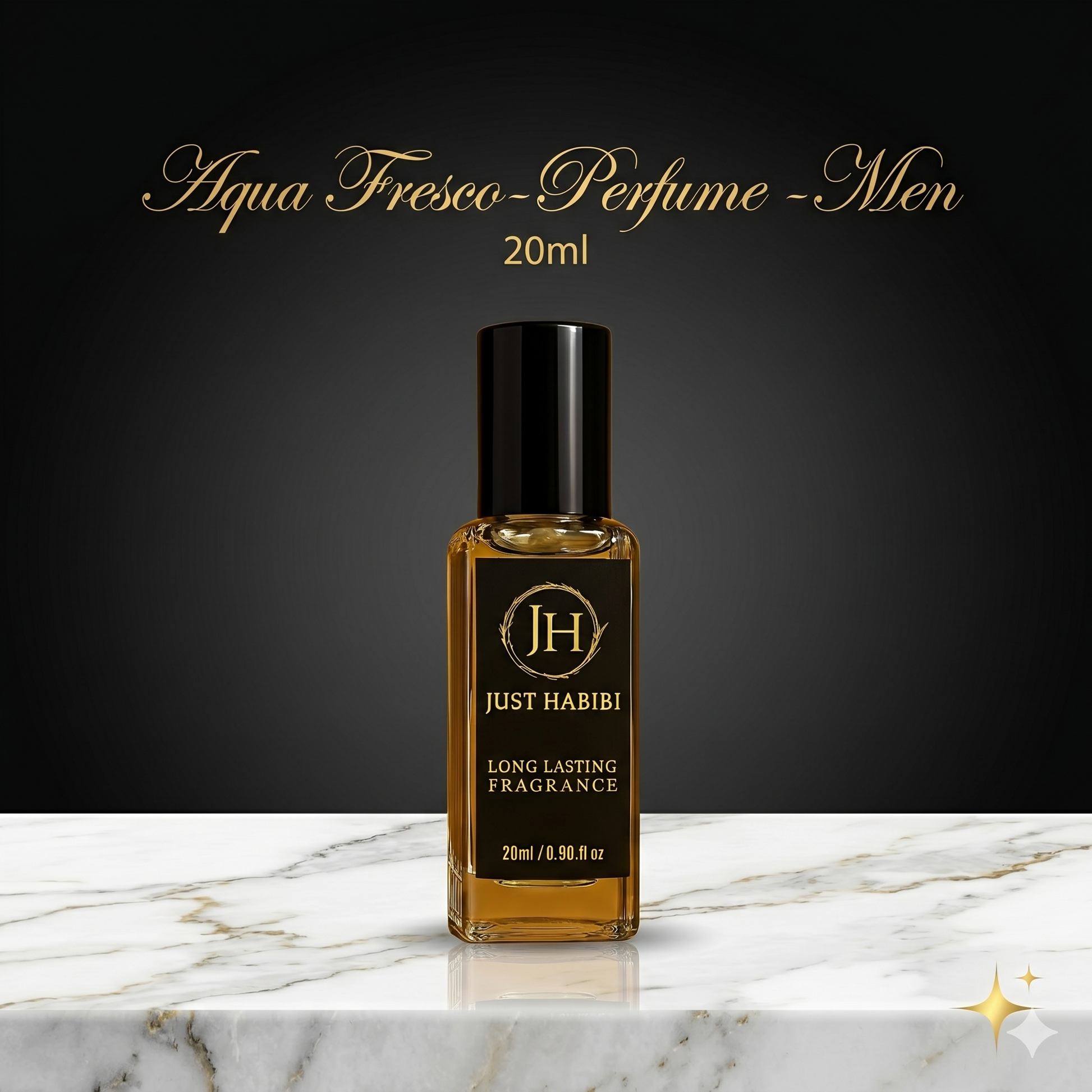 Just Habibi perfume bottle on a marble surface with a dark background
