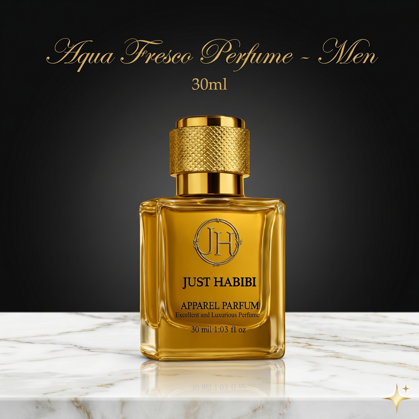 Gold perfume bottle with 'Just Habibi' branding on a marble surface and dark background