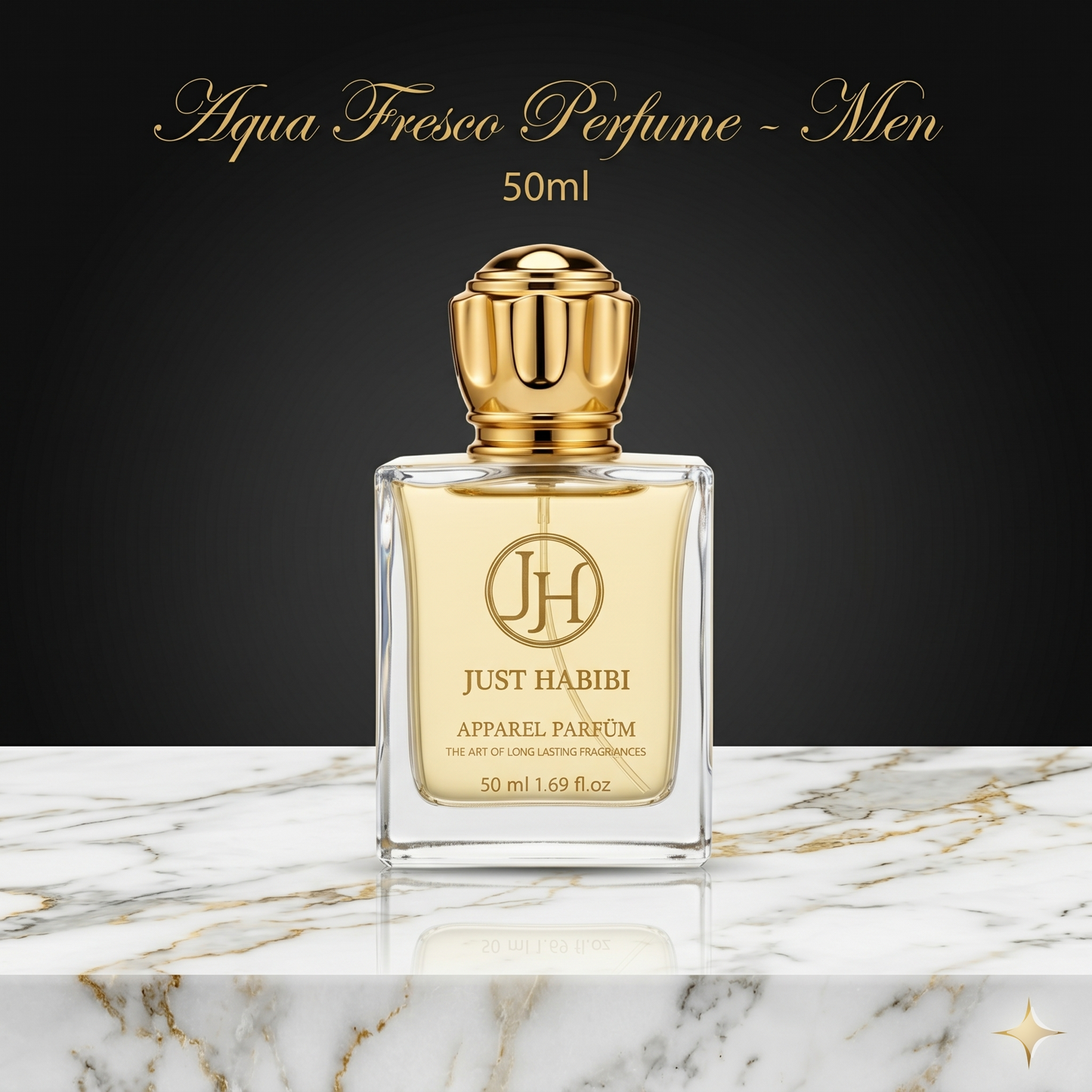 Just Habibi perfume bottle on a marble surface with a black background