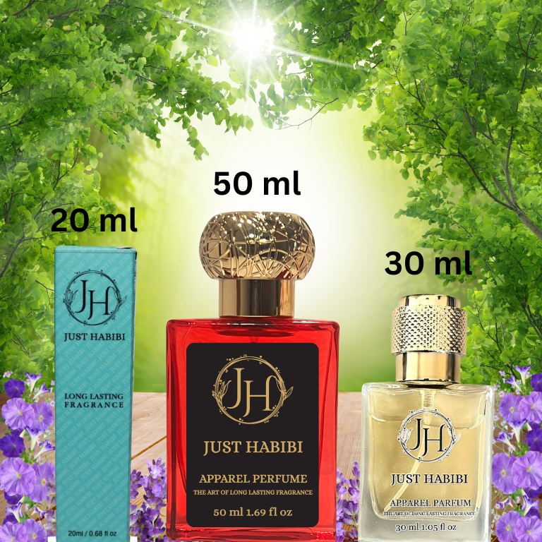 Three bottles of Just Habibi perfume with sizes 20 ml, 30 ml, and 50 ml
