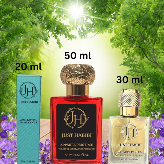 Three bottles of Just Habibi perfume with sizes 20 ml, 30 ml, and 50 ml