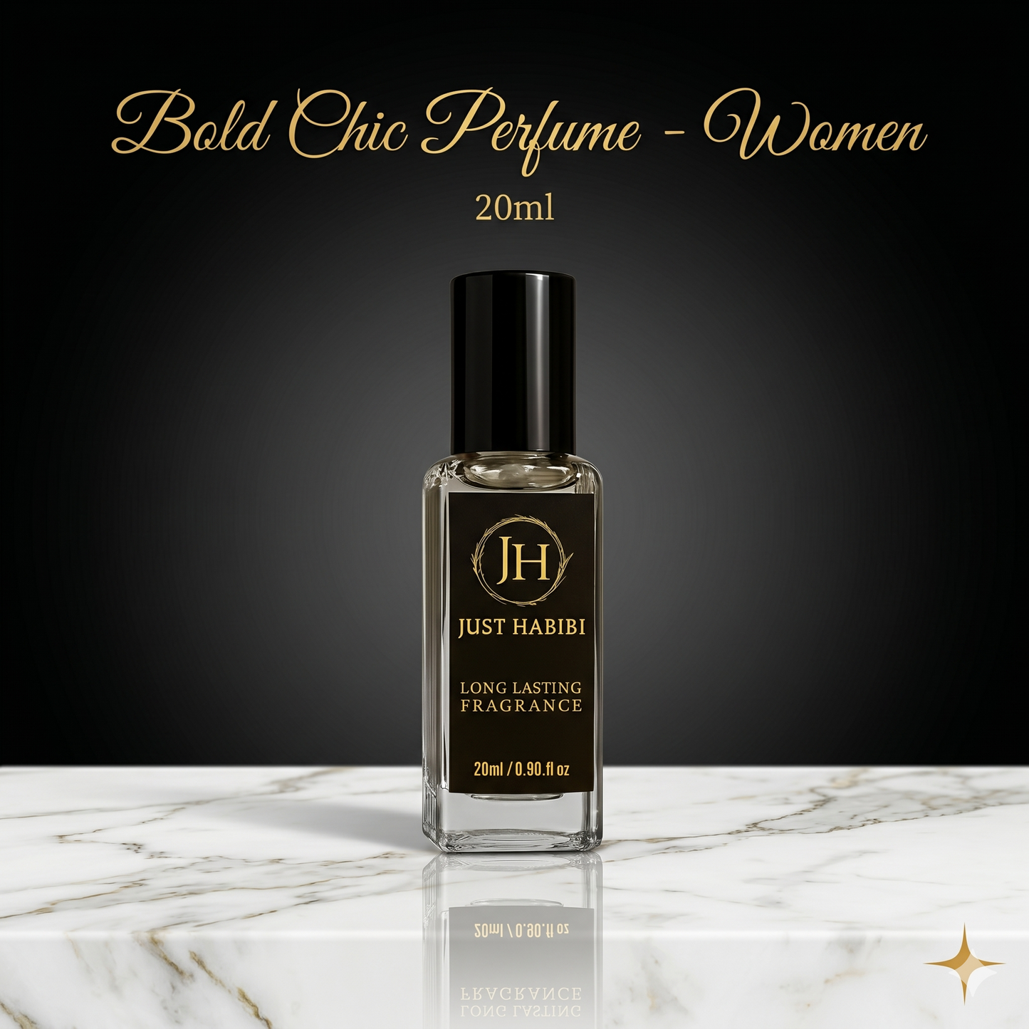 Perfume bottle labeled 'Just Habibi' on a marble surface with a dark background
