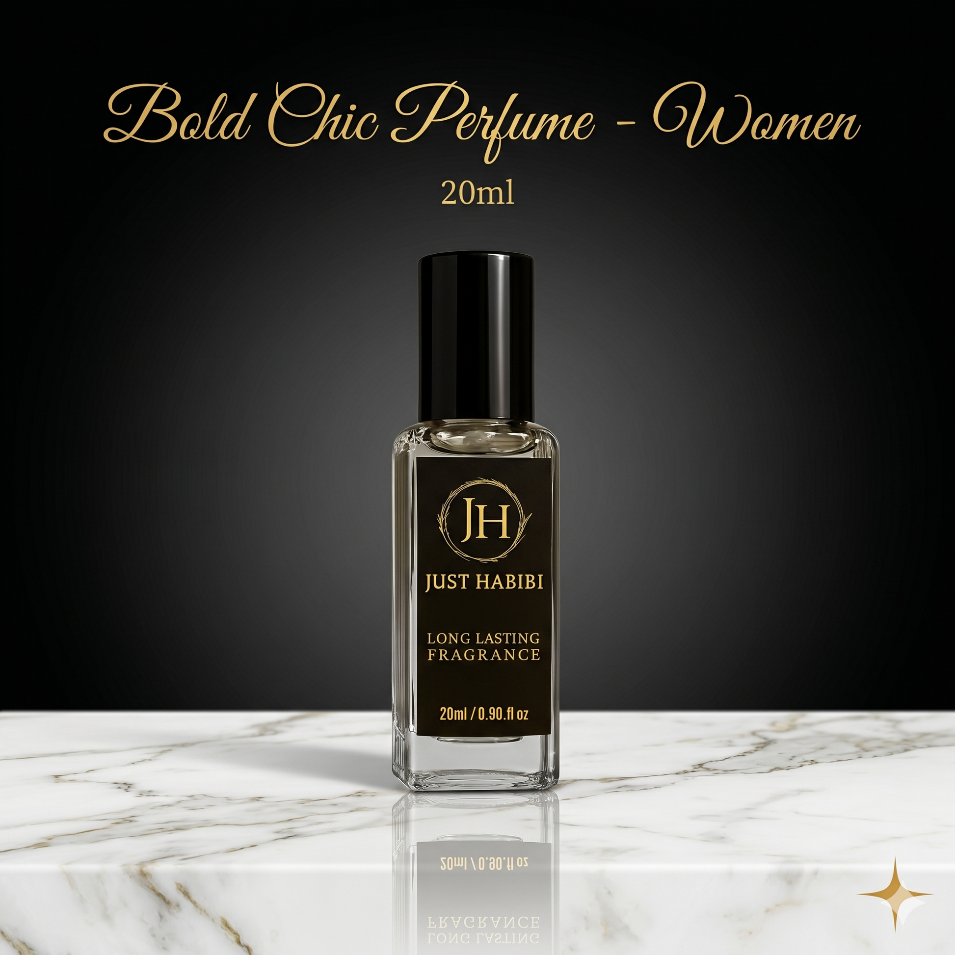 Perfume bottle labeled 'Just Habibi' on a marble surface with a dark background