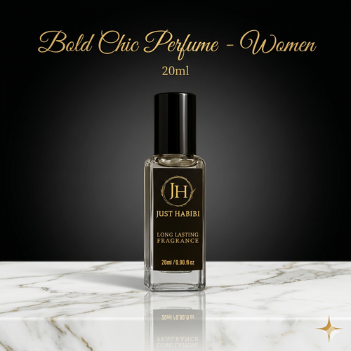Perfume bottle labeled 'Just Habibi' on a marble surface with a dark background