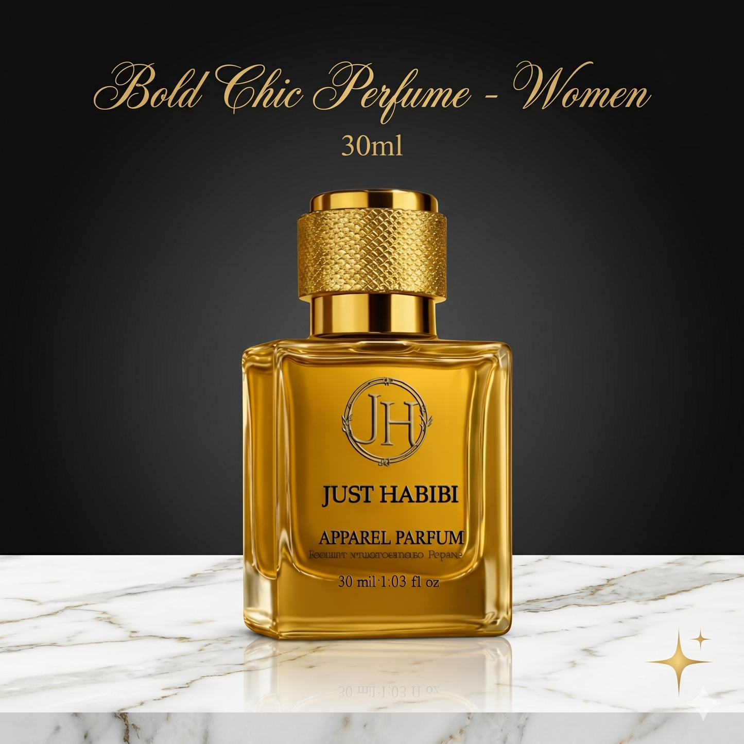 Gold perfume bottle with 'Just Habibi' branding on a marble surface and dark background