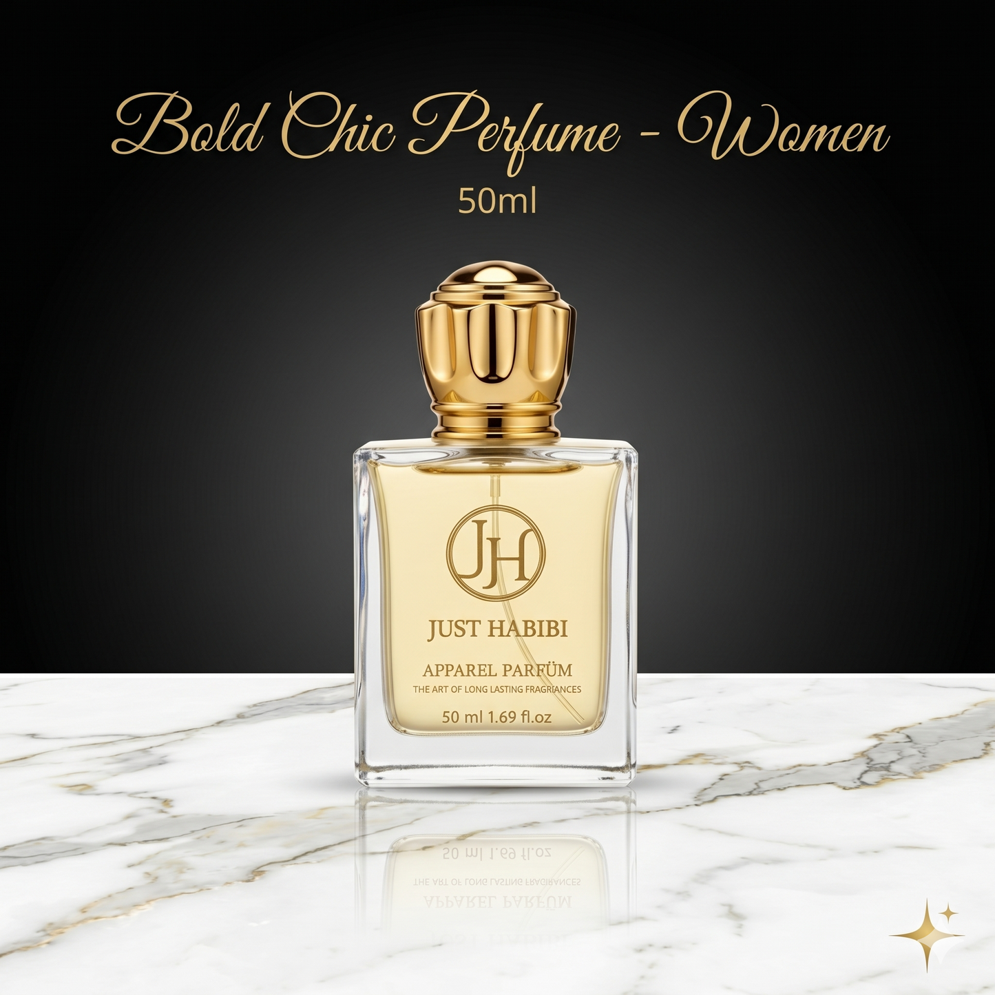 Just Habibi perfume bottle on a marble surface with a black background
