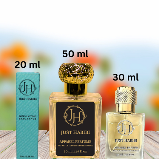 Coral Kiss Perfume - Three perfume bottles with 'Just Habibi' branding 
