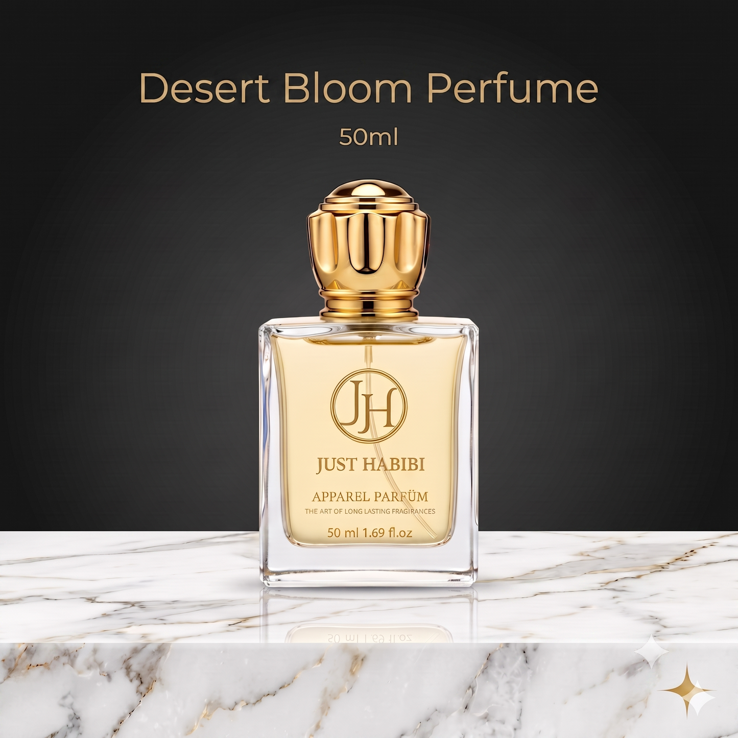 50ml bottle — describes the ornate gold cap and clear glass