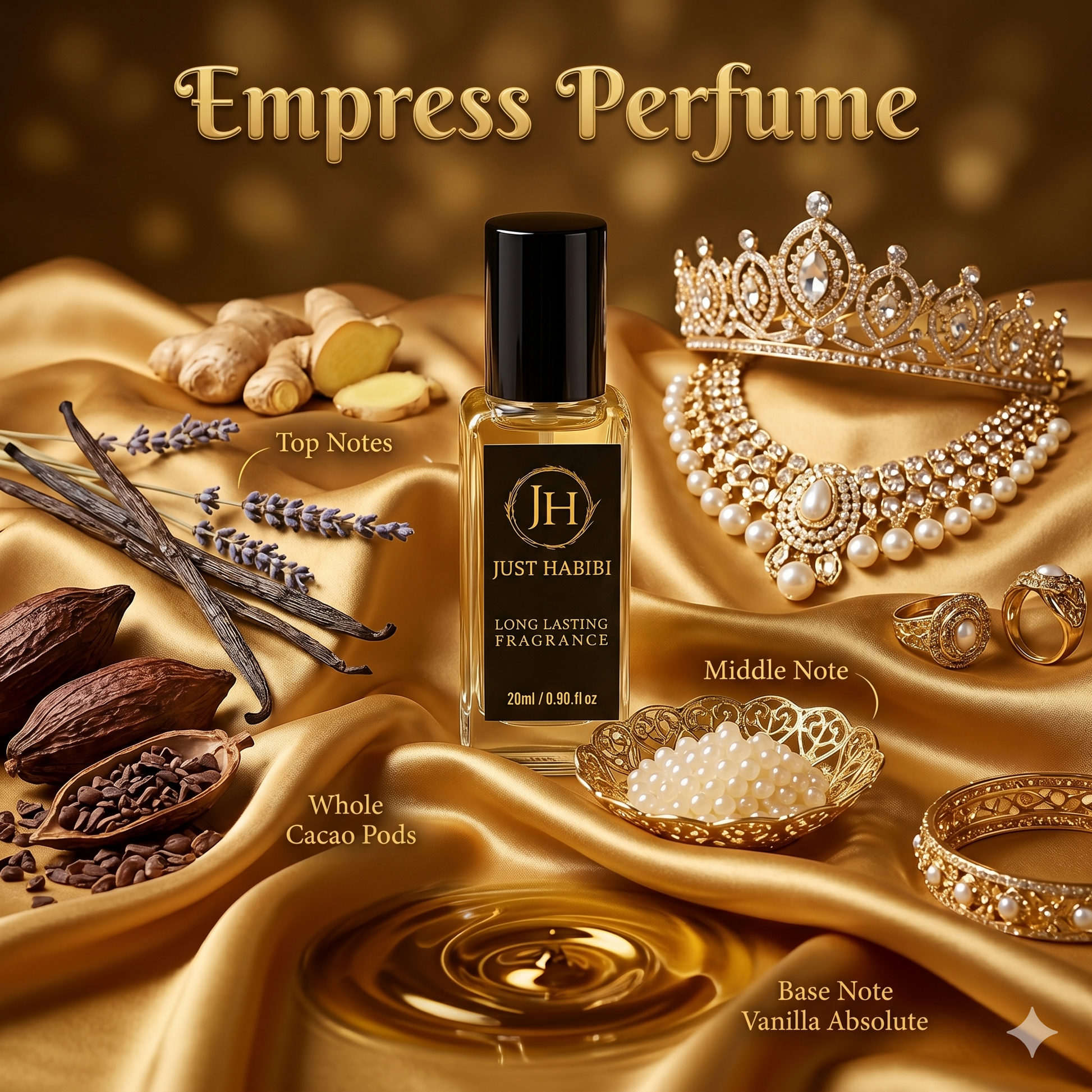 Just Habibi perfume bottle with jewelry and spices on a gold fabric background