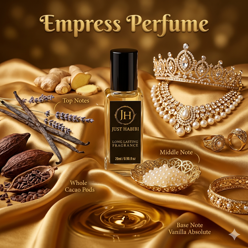 Just Habibi perfume bottle with jewelry and spices on a gold fabric background