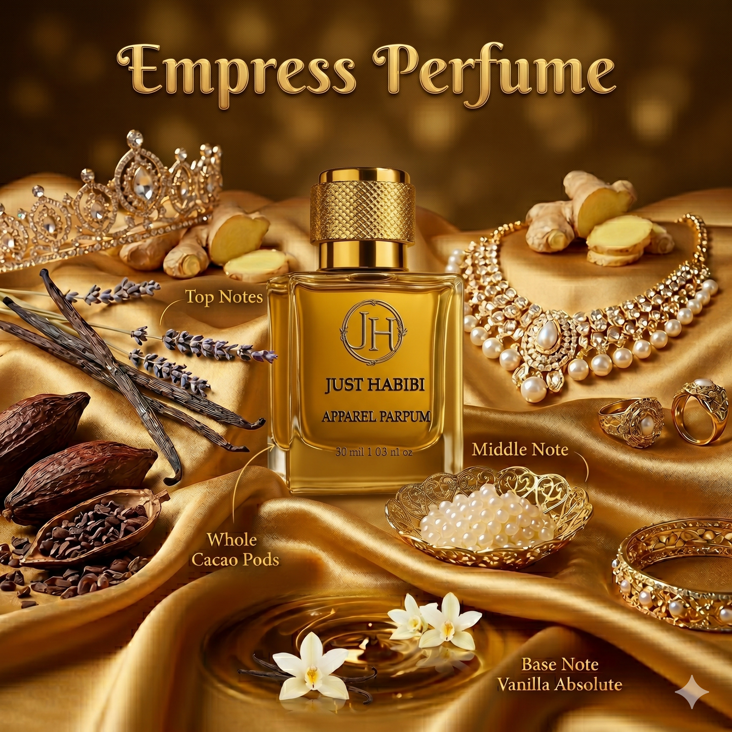 Just Habibi perfume bottle with jewelry, spices, and flowers on a gold background