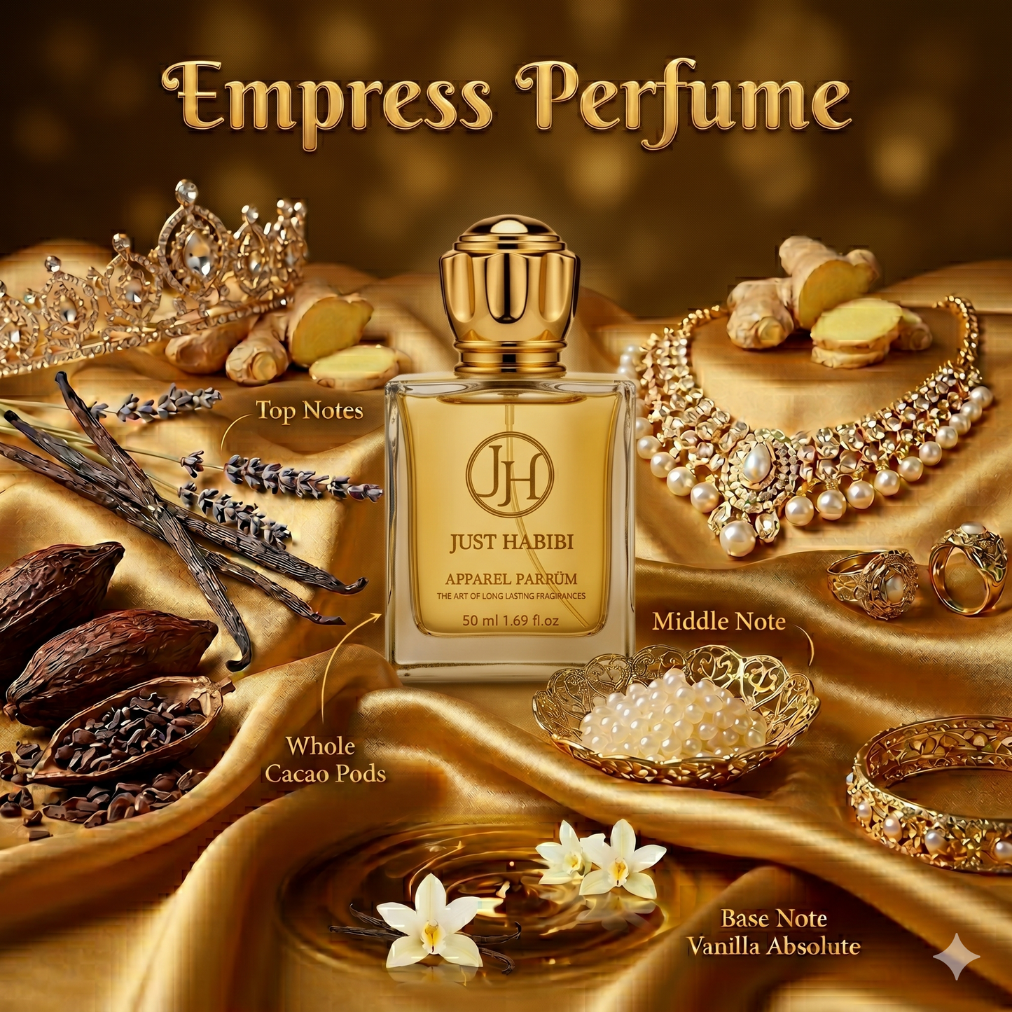 Perfume bottle with jewelry, spices, and flowers on a gold fabric background with 'Empress Perfume' branding.