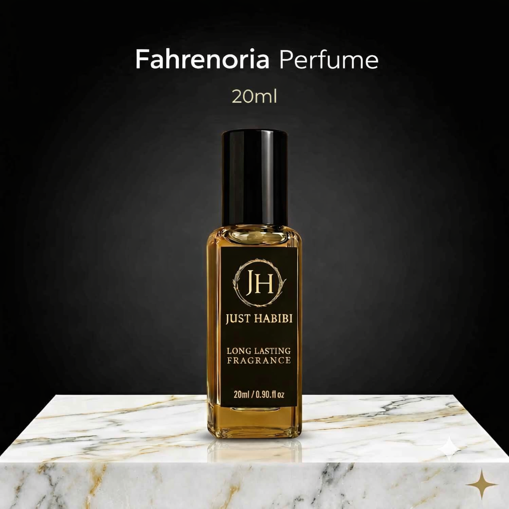 Fahrenoria Perfume 20ml bottle placed on a marble surface