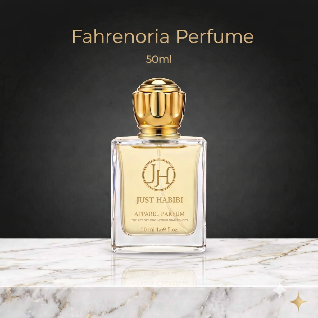 Fahrenoria Perfume 50ml bottle with a golden cap rests on a marble surface