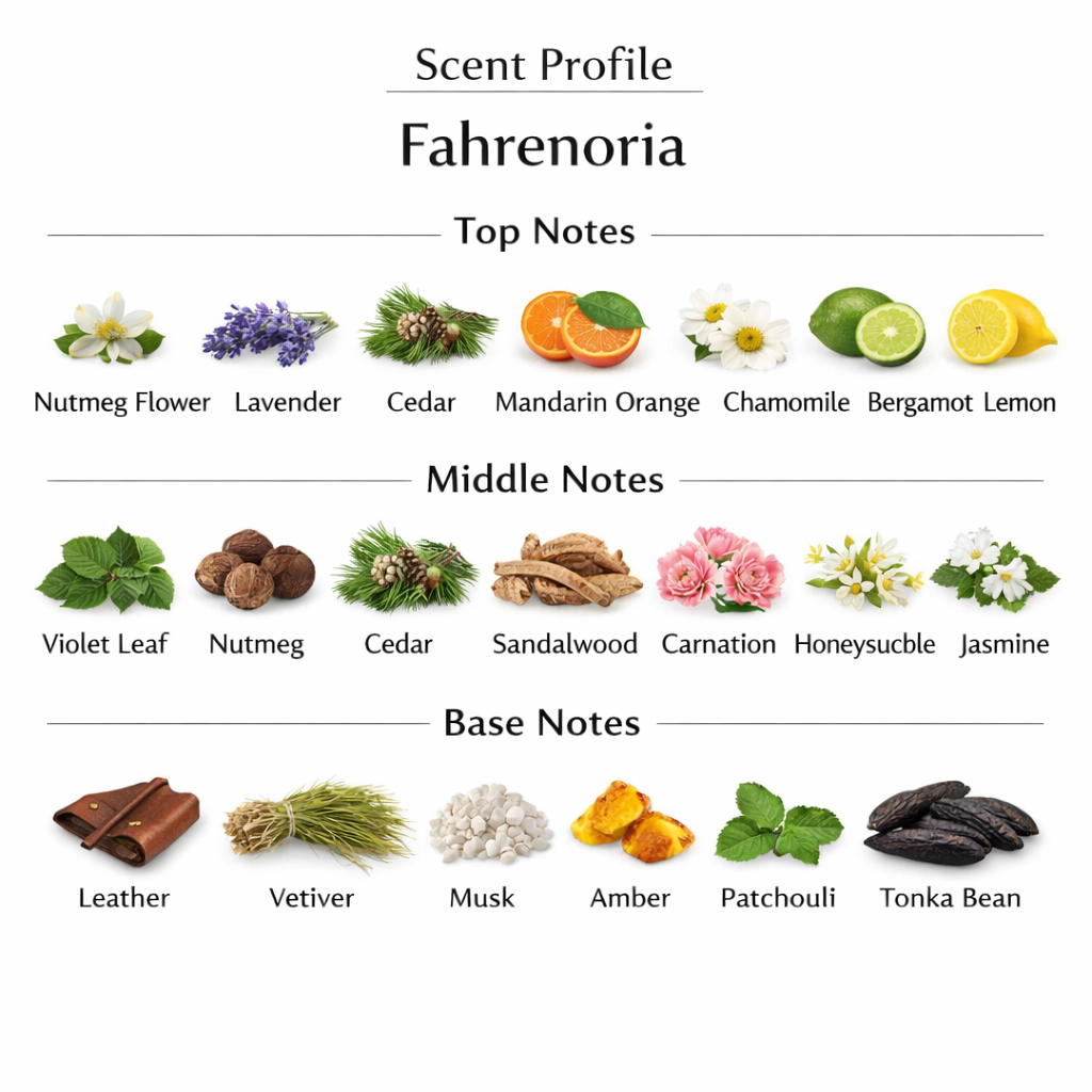 Fahrenoria Perfume for men with top, heart, and base notes displayed