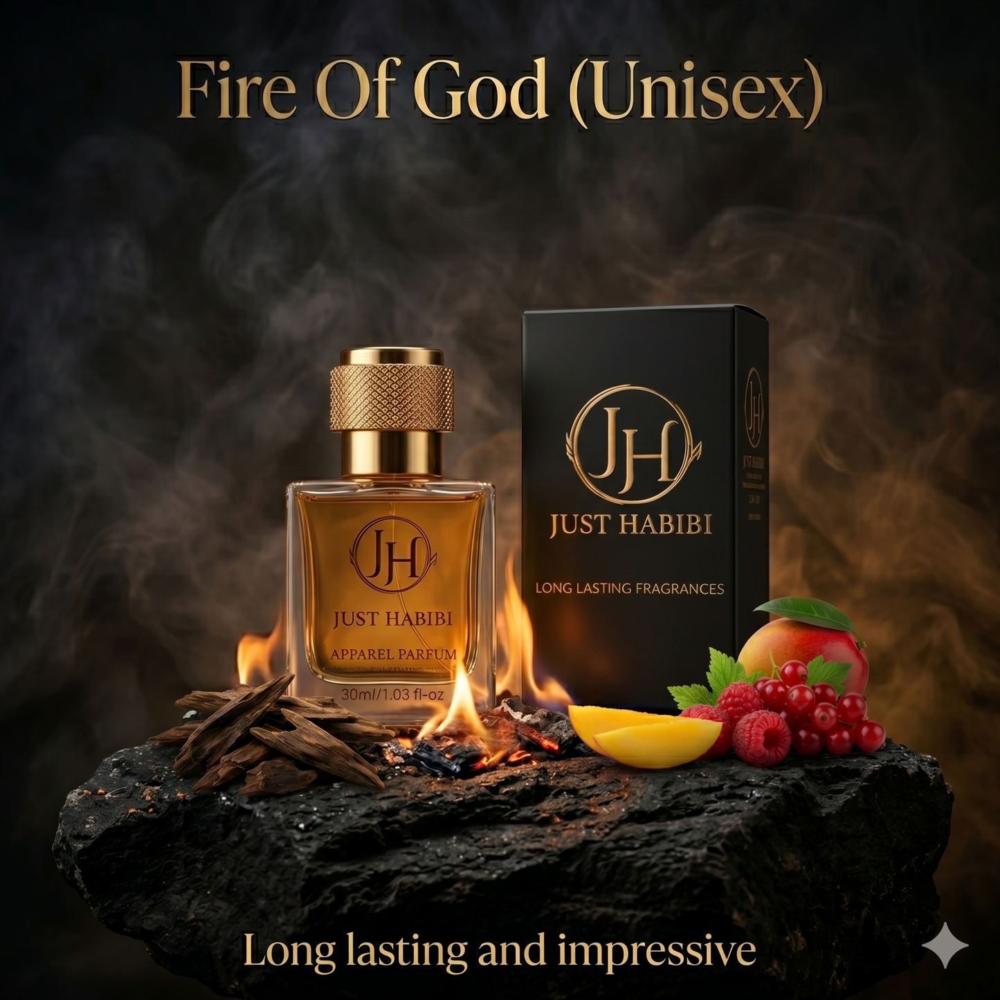 Fire of God -Just Habibi perfume bottle and packaging with fruits on a dark background