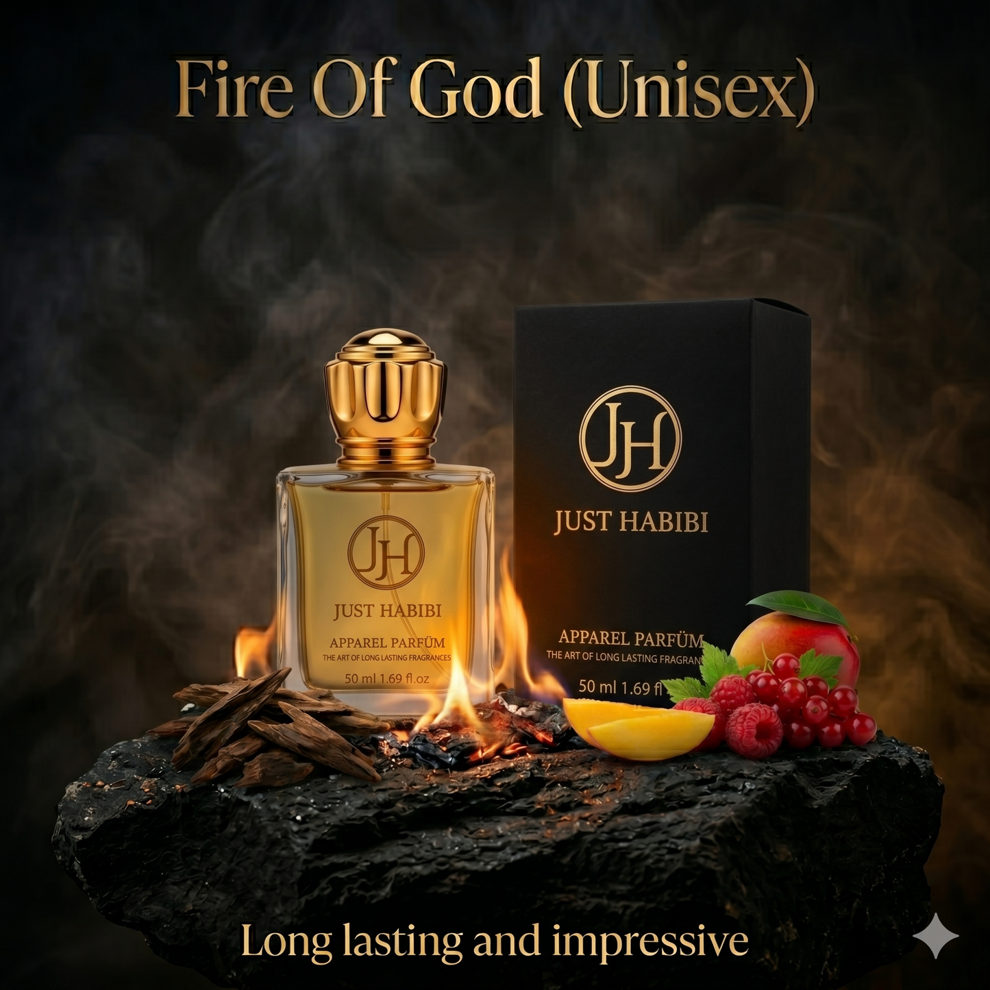 Just Habibi perfume bottle  Fire Of God and packaging with fruits on a dark background