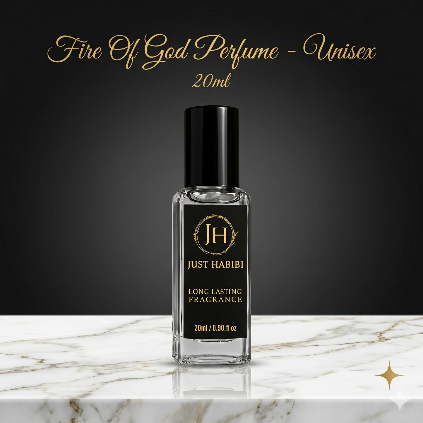Perfume bottle labeled 'Just Habibi' on a marble surface with a dark background