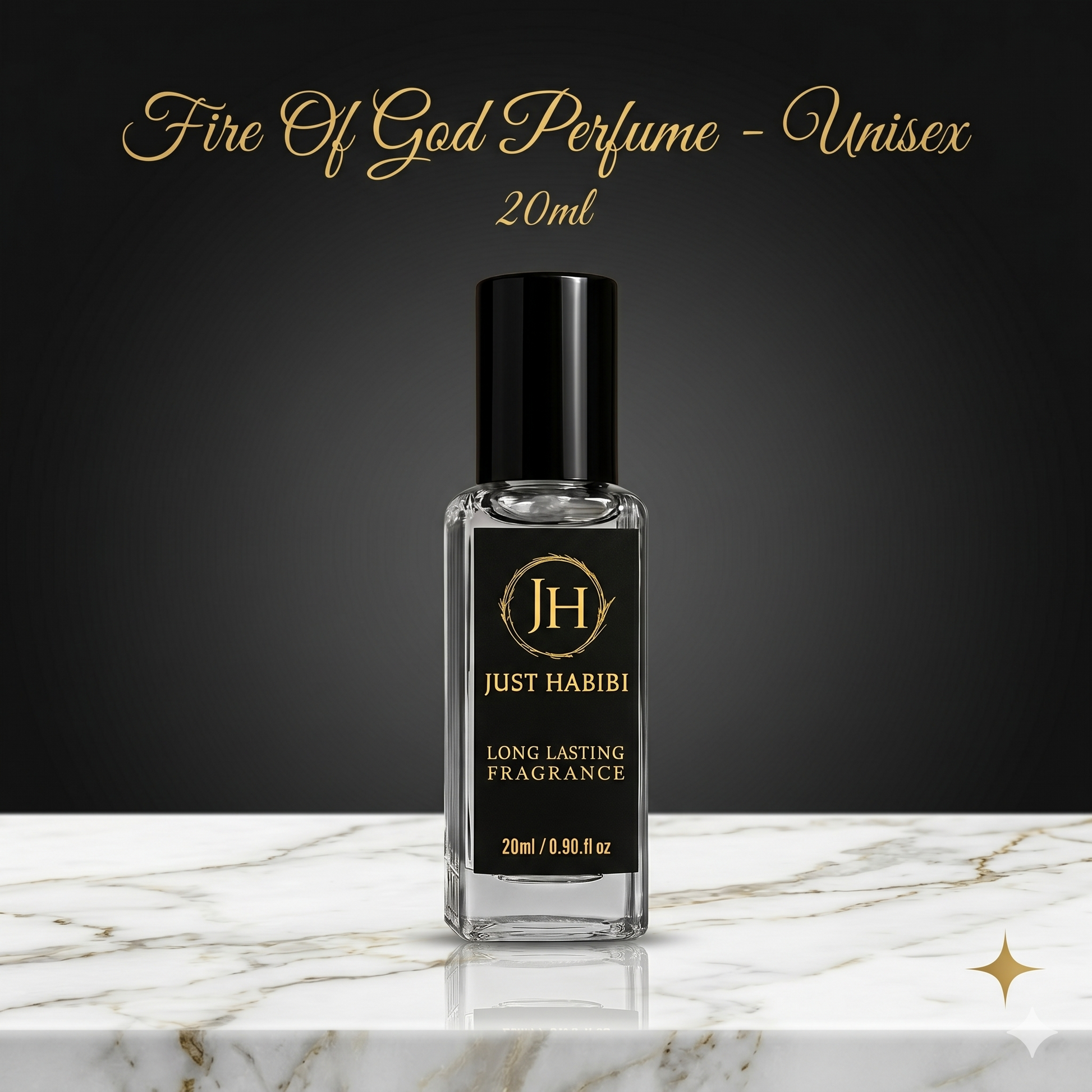 Perfume bottle labeled 'Just Habibi' on a marble surface with a dark background
