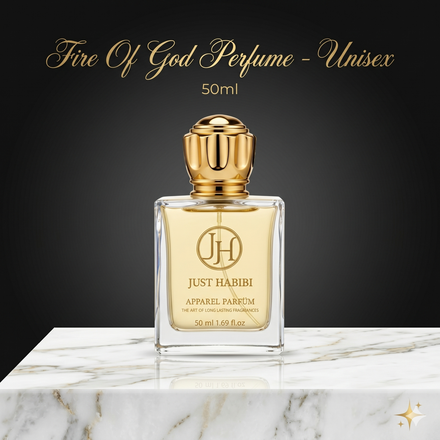 Just Habibi perfume bottle on a marble surface with a dark background