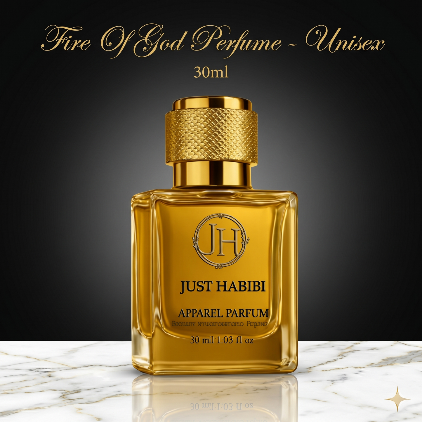 Gold perfume bottle with 'Just Habibi' branding on a marble surface and dark background