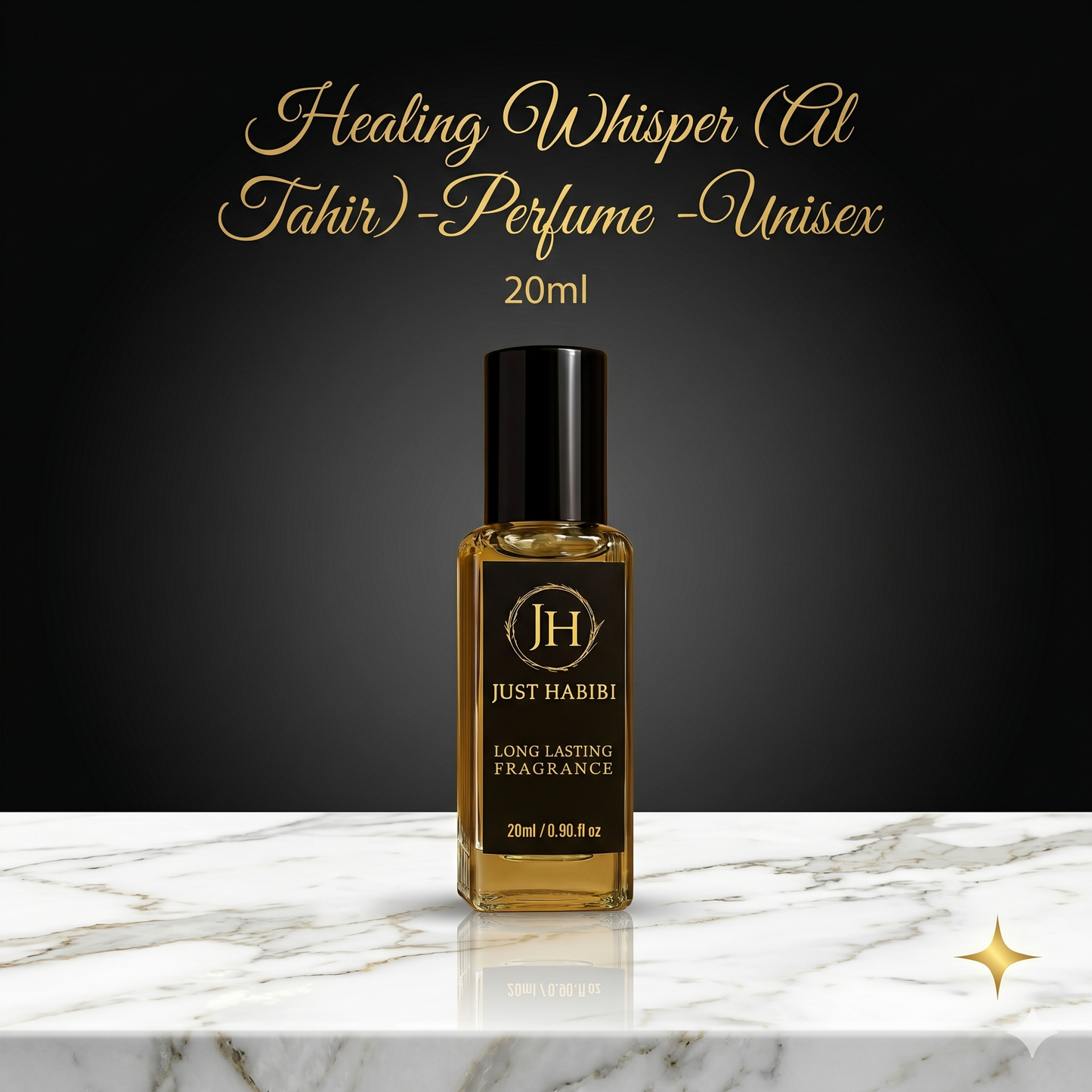 Perfume bottle labeled 'Just Habibi' on a marble surface with a dark background