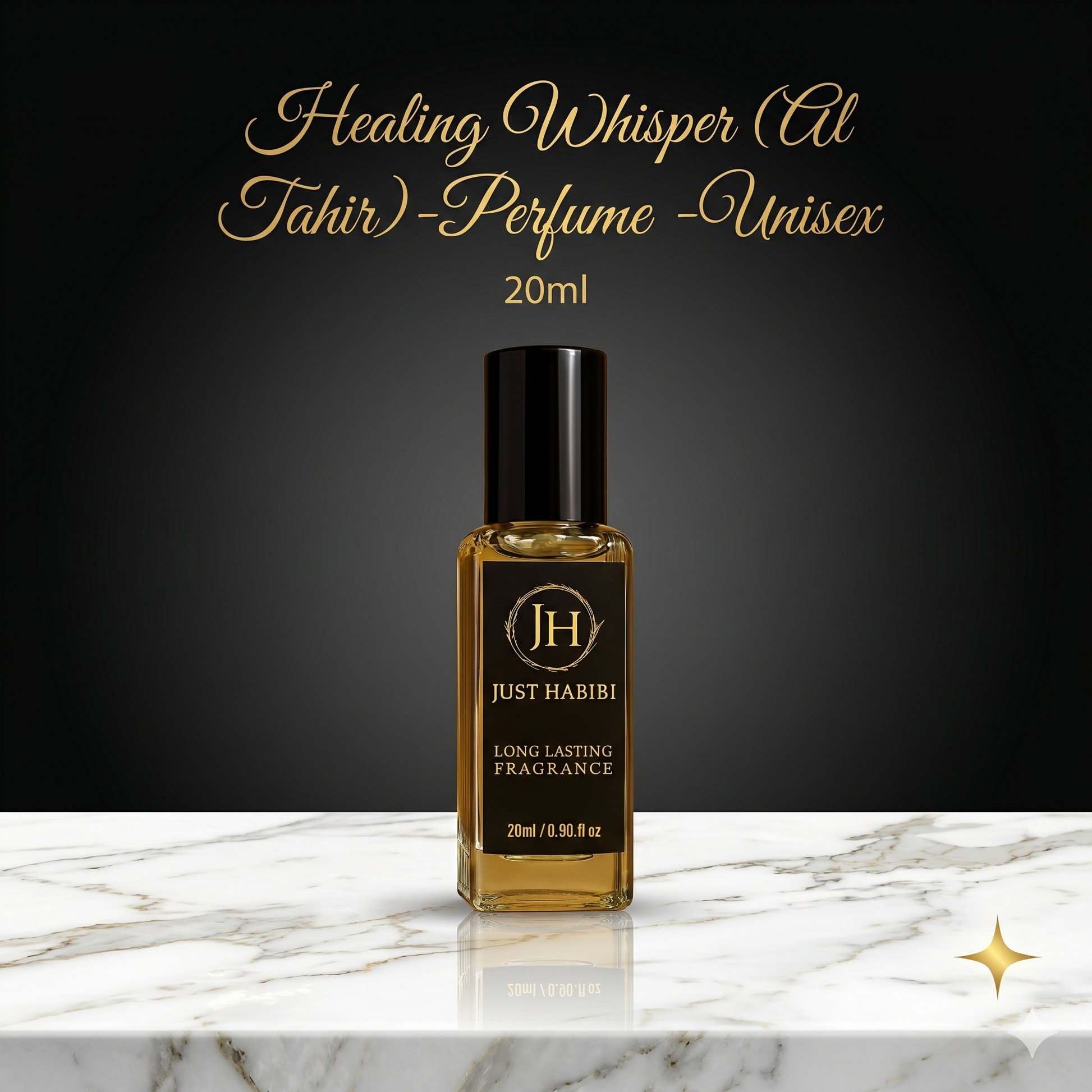 Perfume bottle labeled 'Just Habibi' on a marble surface with a dark background